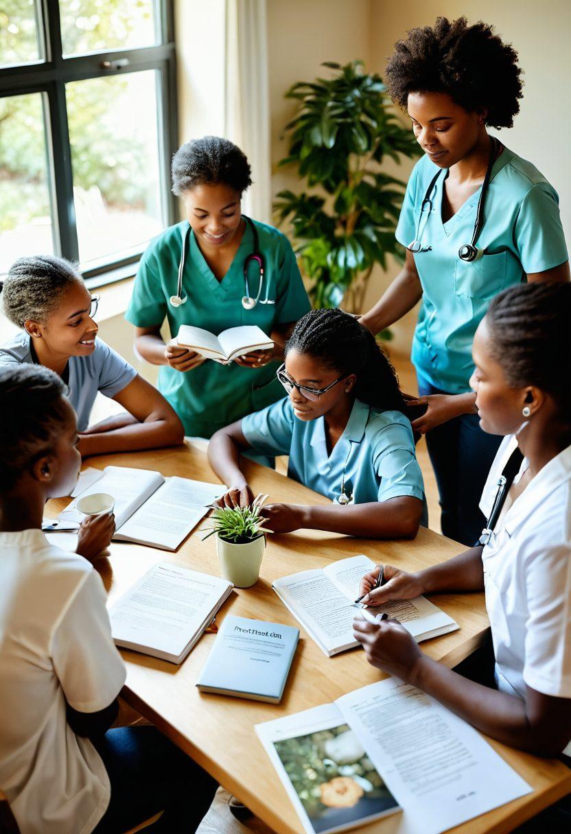 A warm and inviting scene depicting a diverse group of caregivers and health seekers engaged in a collaborative discussion around a community table filled with resources like books, pamphlets, and digital devices. Include elements of nature, such as plants and sunlight streaming in, to symbolize growth and support. Show a balance of care and health, with visual symbols like a heart and a stethoscope interwoven in the background. soft focus. pastel colors. inviting atmosphere.