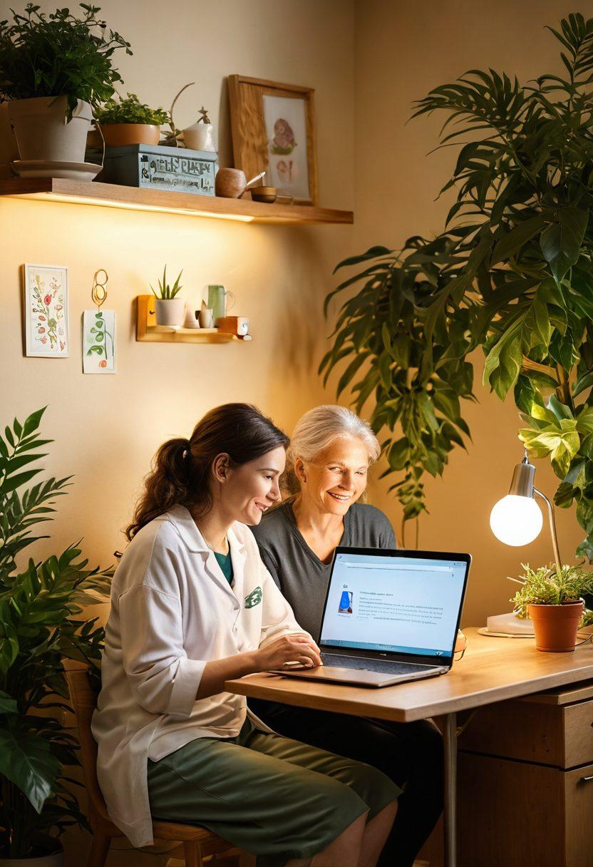 A warm and inviting scene depicting a caregiver and a patient engaged in a nurturing conversation, surrounded by symbols of wellness like plants and soft lighting. Include a laptop open with blog posts about caregiving tips visible on the screen, and a cozy atmosphere that signifies support and empowerment. Bright colors and gentle expressions emphasize connection and care. super-realistic. vibrant colors. soft lighting.