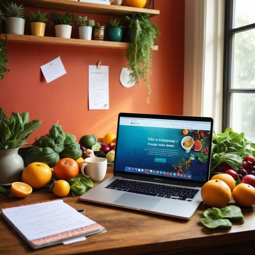 An inspiring workspace featuring a laptop open to a health-focused blog, surrounded by vibrant fruits and vegetables, a cup of herbal tea steaming beside it, a notepad filled with actionable tips, and a wall adorned with motivational health quotes. The atmosphere should be bright and inviting, symbolizing the journey from insights to actionable advice. super-realistic. vibrant colors. cozy ambiance.